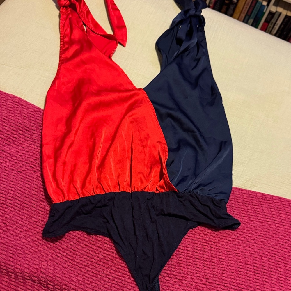 Red and Navy Halter Silk Bodysuit